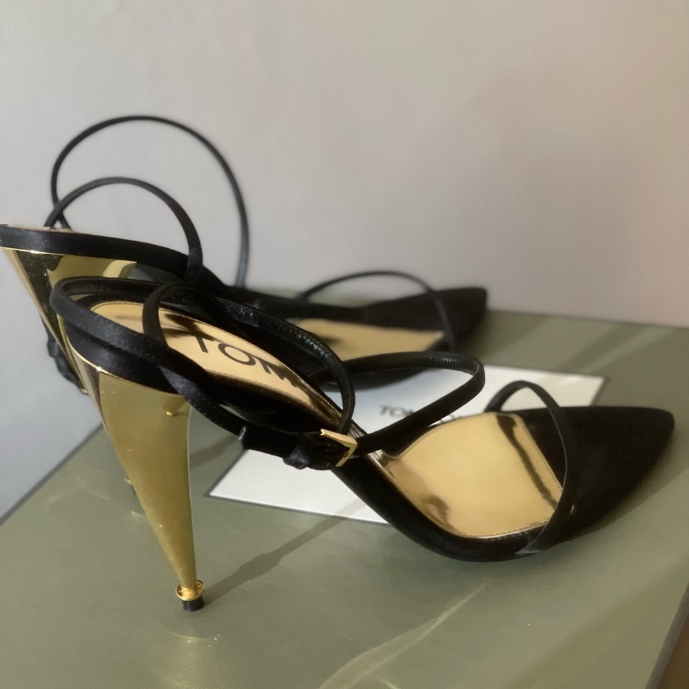 COPY - Black satin ankle strap with gold heel - Picture 10 of 12